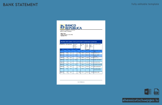 Beispiel-Excel-Vorschau eines Kontoauszugs der Bank der Ostrepublik Uruguay